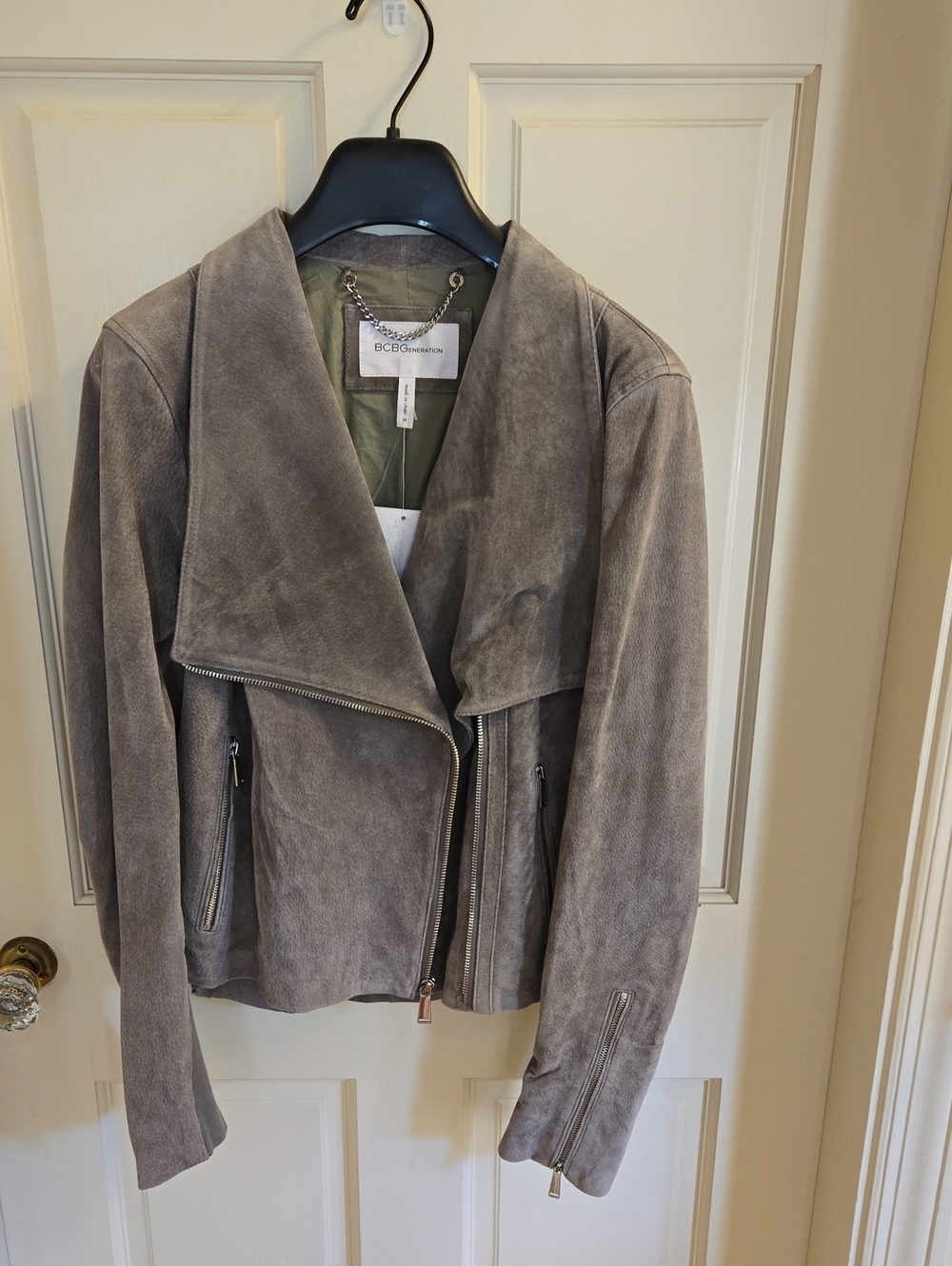 NWT BCBG Generation Taupe Suede Leather Draped Moto Jacket